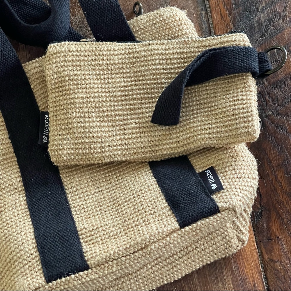 Wacoal Tan Woven Jute Cotton Tote Bag & Detachable Wristlet Double Black Straps - Picture 7 of 14